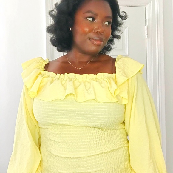 Mellow Yellow Off-Shoulder Bishop Sleeve Ruffle Hem Shirred Bardot Dress size(L) - Picture 4 of 7